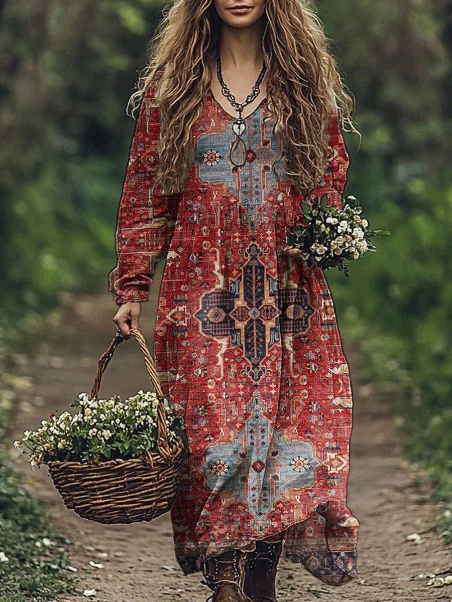 Women's  Retro Flower Art Print Pocket Cotton Dress