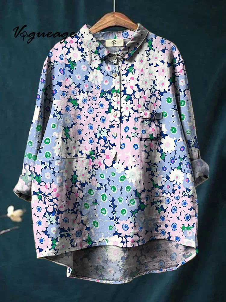 Gentle Elegant And Intellectual Flowers Printed Cotton And Linen Shirt