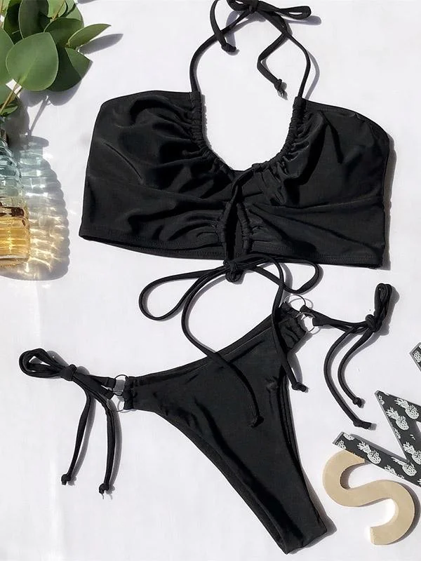 Bandage Hollow Split Bikini Swimsuit