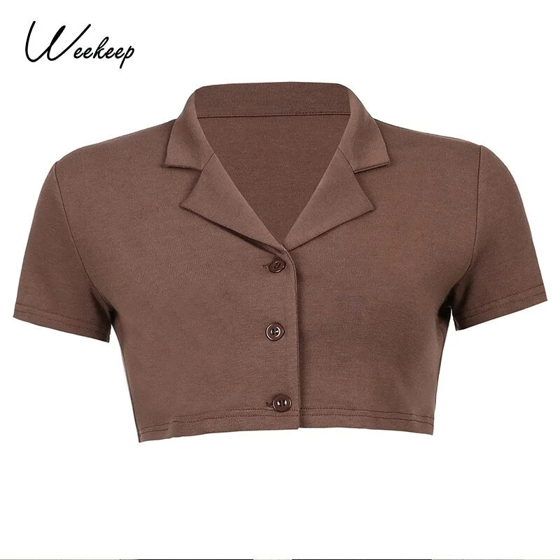 Weekeep Brown Summer Short Sleeve Cardigan Vintage Turn-down Collar Buttons Crop Top Women's Loose Streetwear Tee Shirt Harajuku