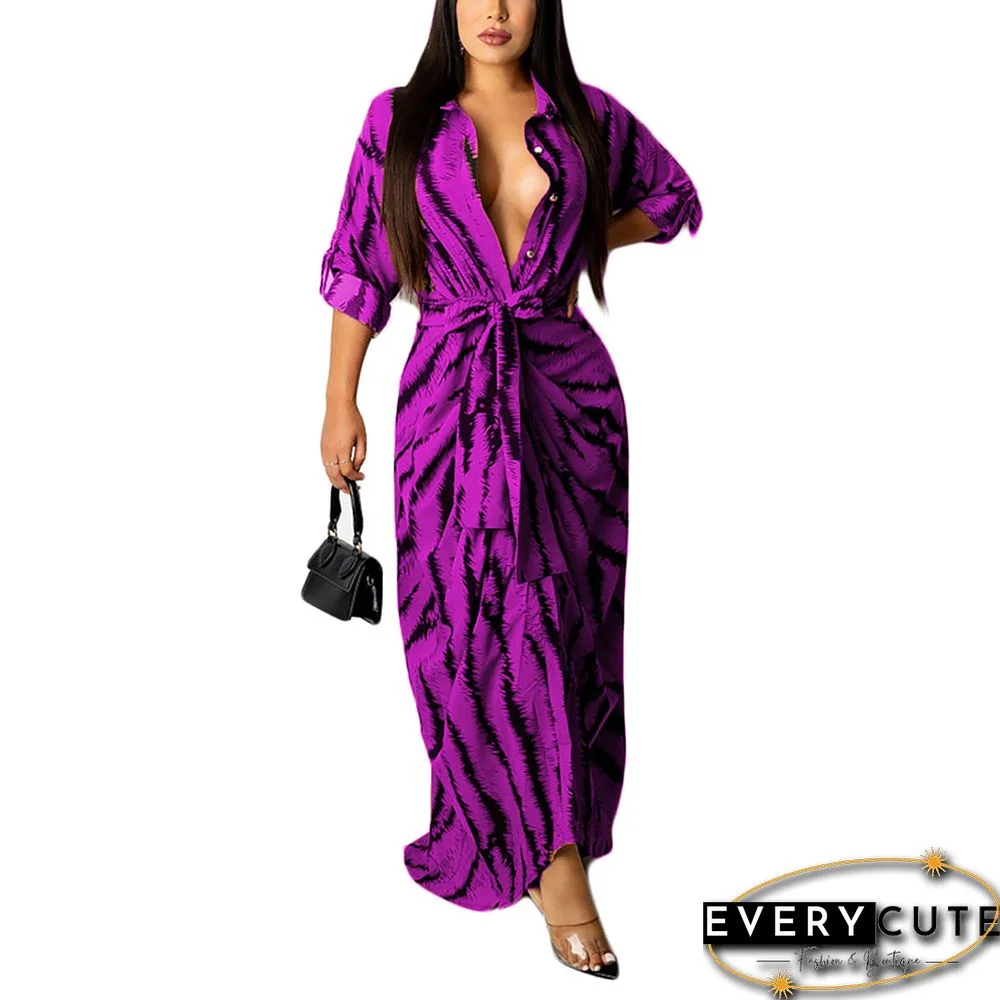 Purple Digital Print Pleated Tie Waist Shirt Maxi Dress