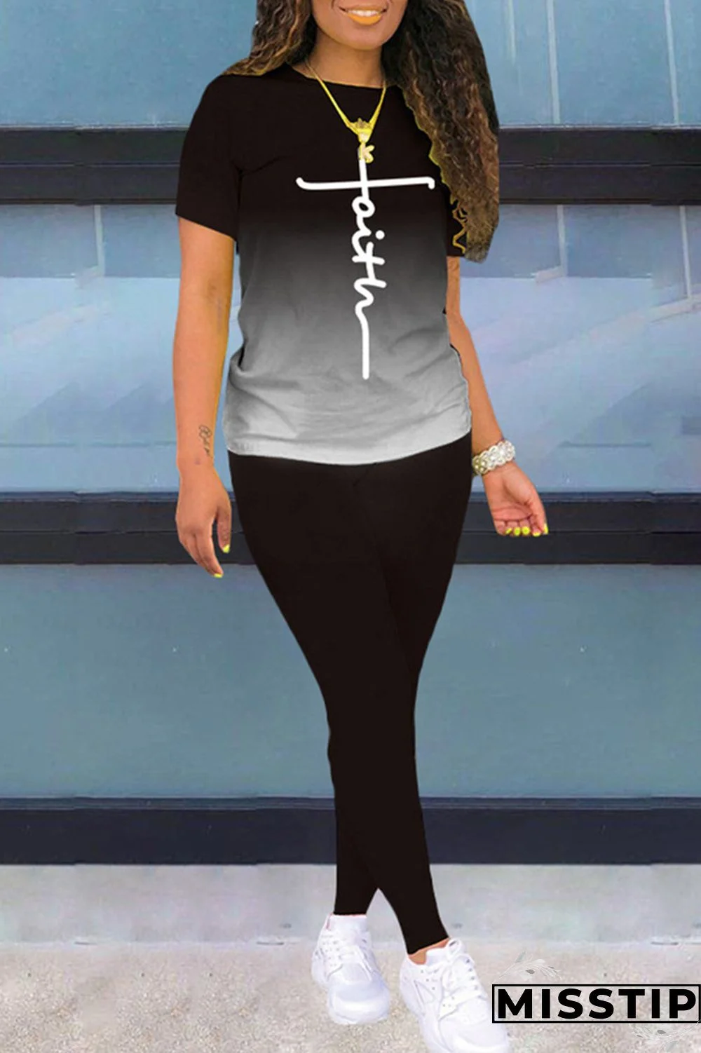 Black Fashion Casual Gradual Change Print Basic O Neck Short Sleeve Two Pieces