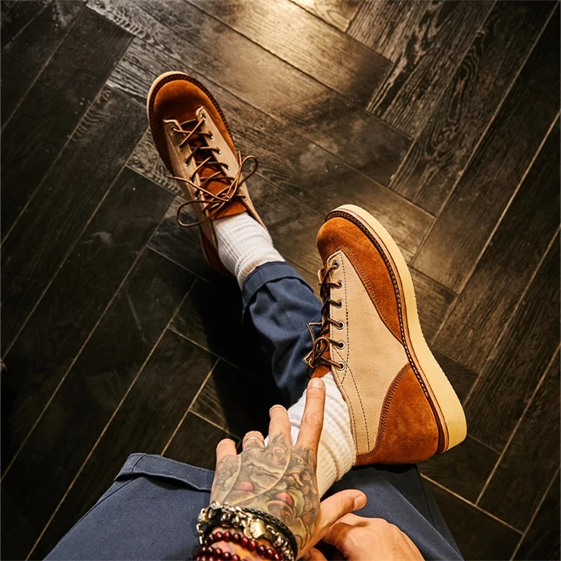 Retro Style Round-toe Suede Two-tone Lace-up Motorcycle Shoes