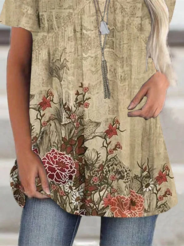 Women Short Sleeve Scoop Neck Floral Printed Top