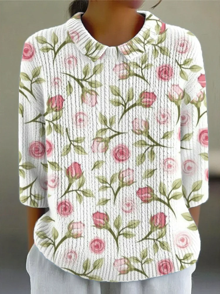 Women's Vintage Flower Art Print Casual Pullover Sweater