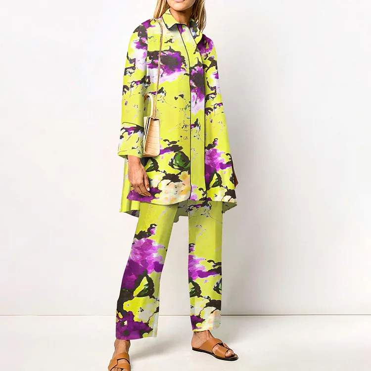 Lapel Purple Rose Print Two Piece Set