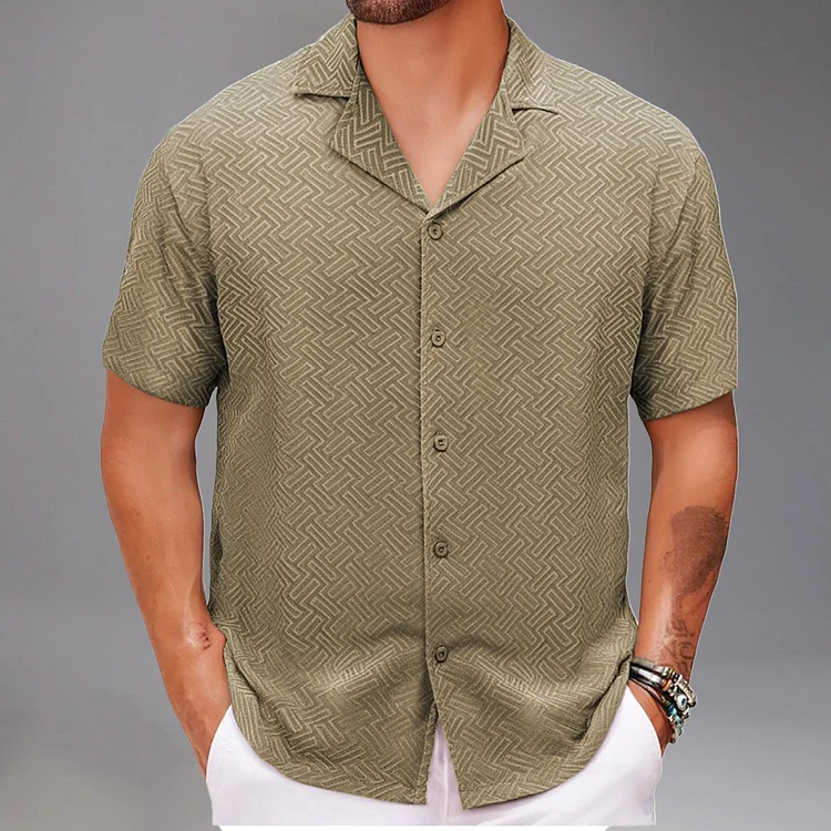Casual Jacquard Camp Collar Short Sleeve Button Shirt 
