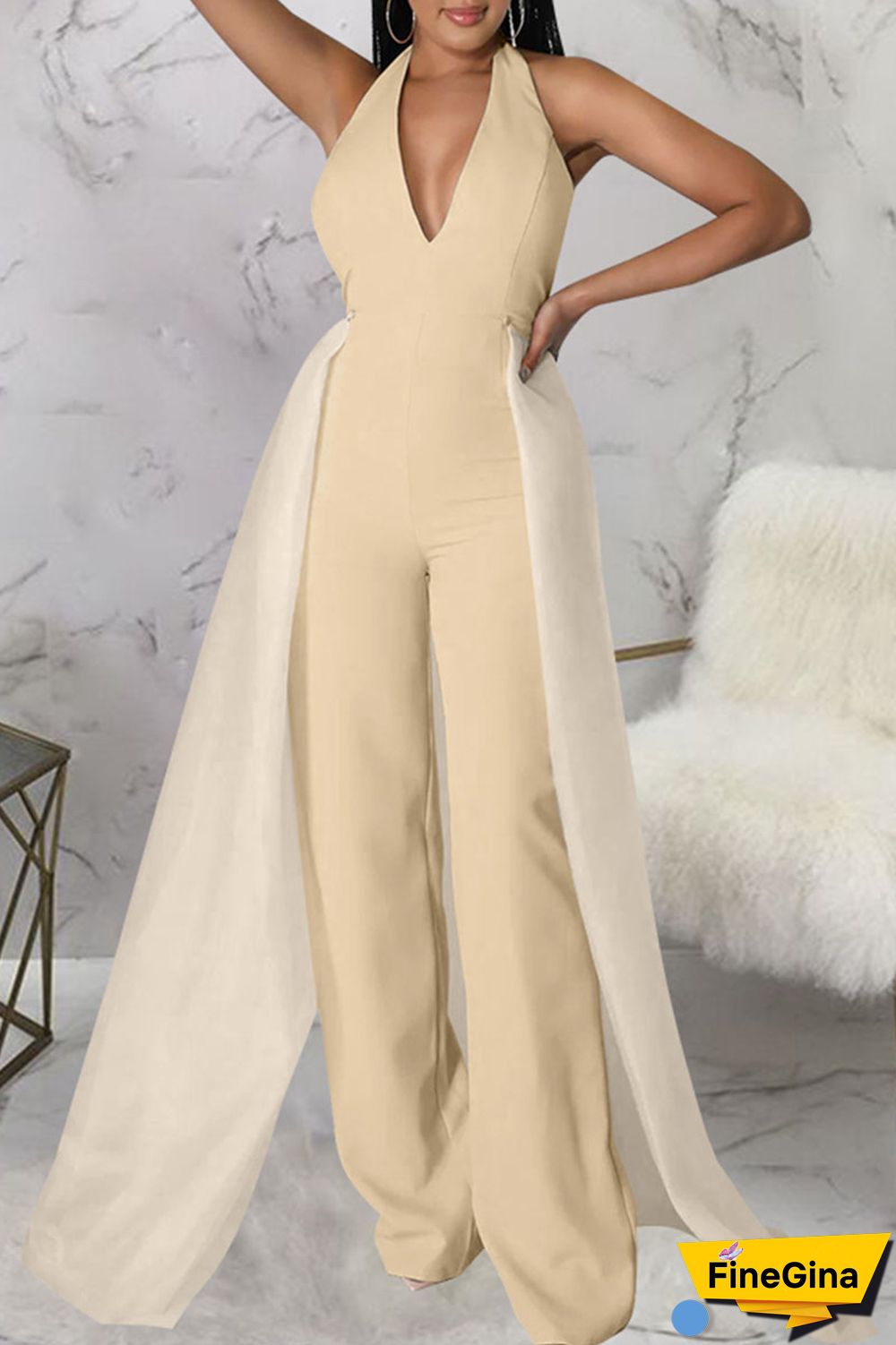 Apricot Sexy Solid Patchwork Backless V Neck Straight Jumpsuits