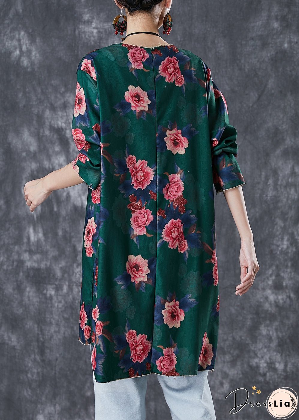 Green Floral Print Linen Mini Dress Side Open Fall