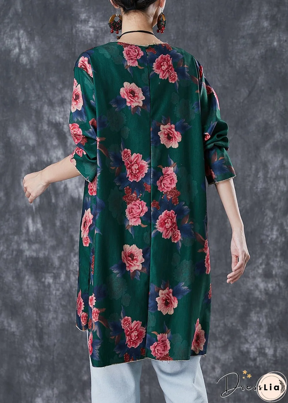 Green Floral Print Linen Mini Dress Side Open Fall