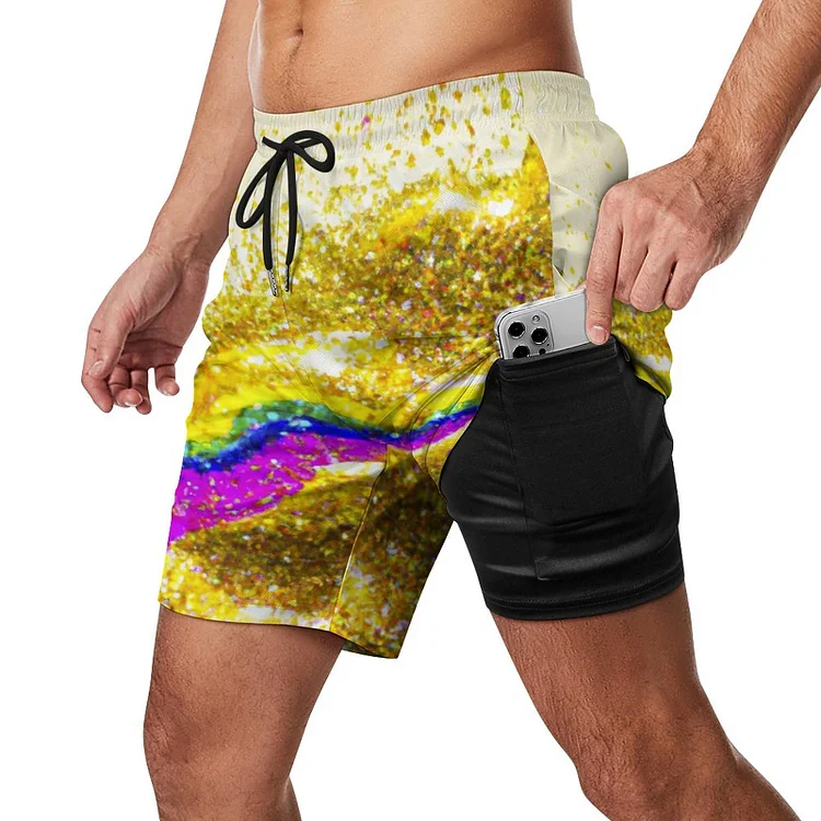 Shiny Bright Rainbow Golden Glitter Tie Dye Athletic Workout Sports Trunks Mens 2 In 1 Sports Gym Shorts With Phone Pocket - Heather Prints Shirts