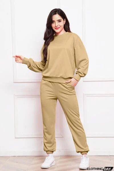 Round Neck Long Sleeve Sweatshirt and Pants Set