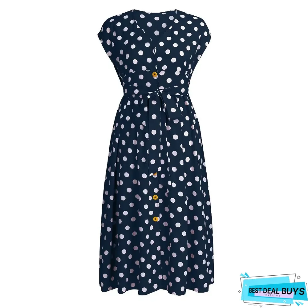 Women's Plus Size Polka Dot Dress Button Tie Waist V-Neck Skirt