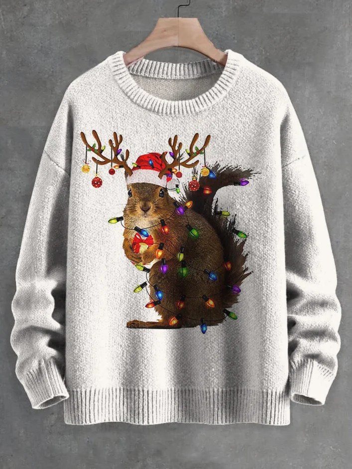 Men's Christmas Squirrel Print Knit Sweatshirt