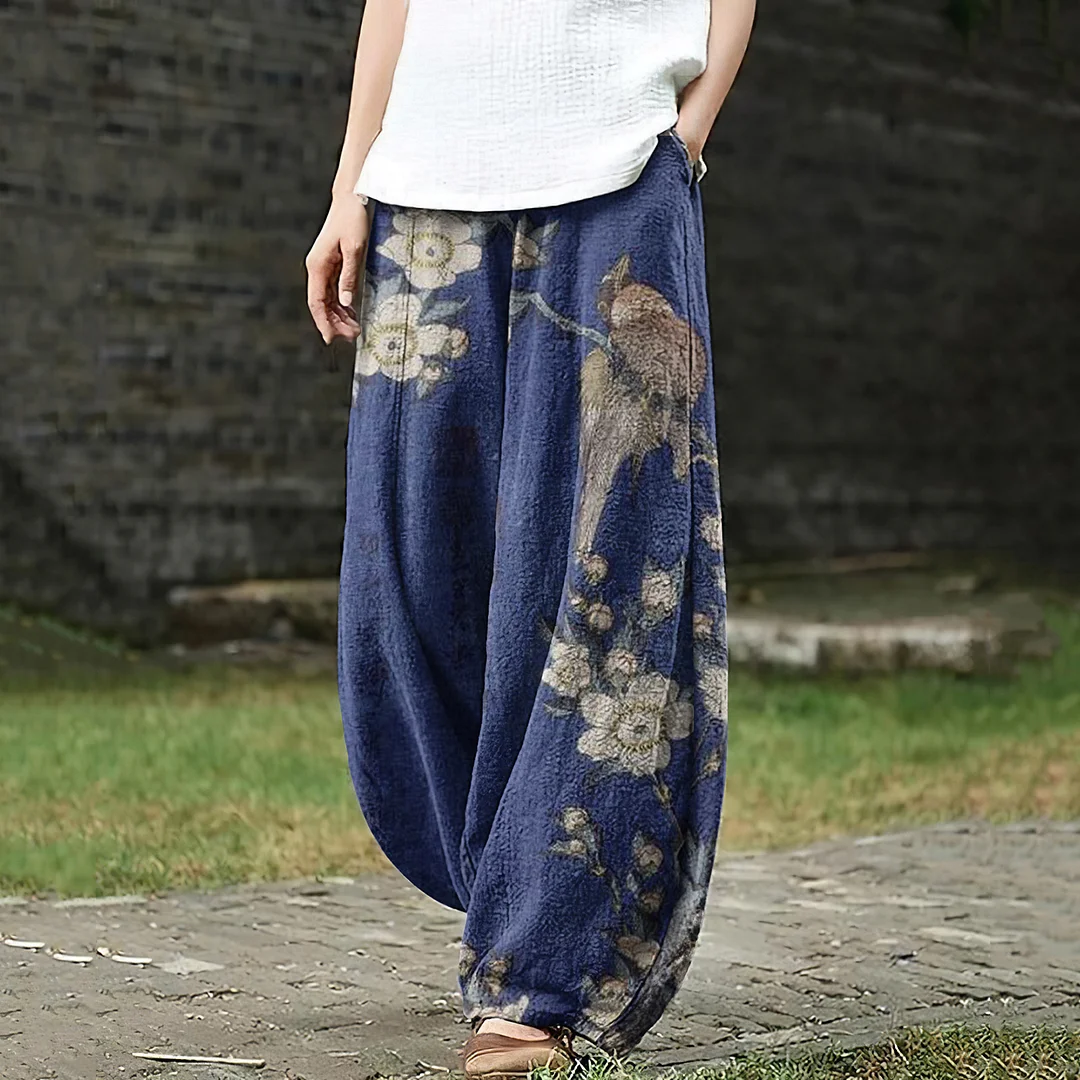 Women's Japanese Art Flowers And Birds Pocket Loose Casual Pants