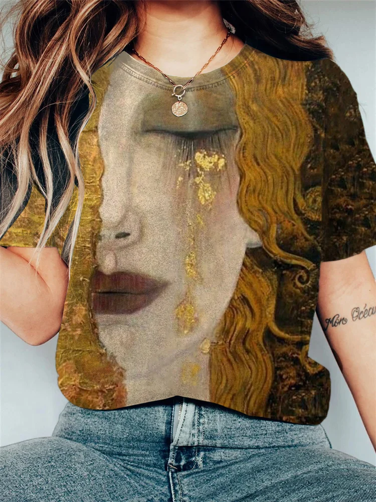 Women's Golden Tears Art Print Crew Neck Short Sleeve T-Shirt