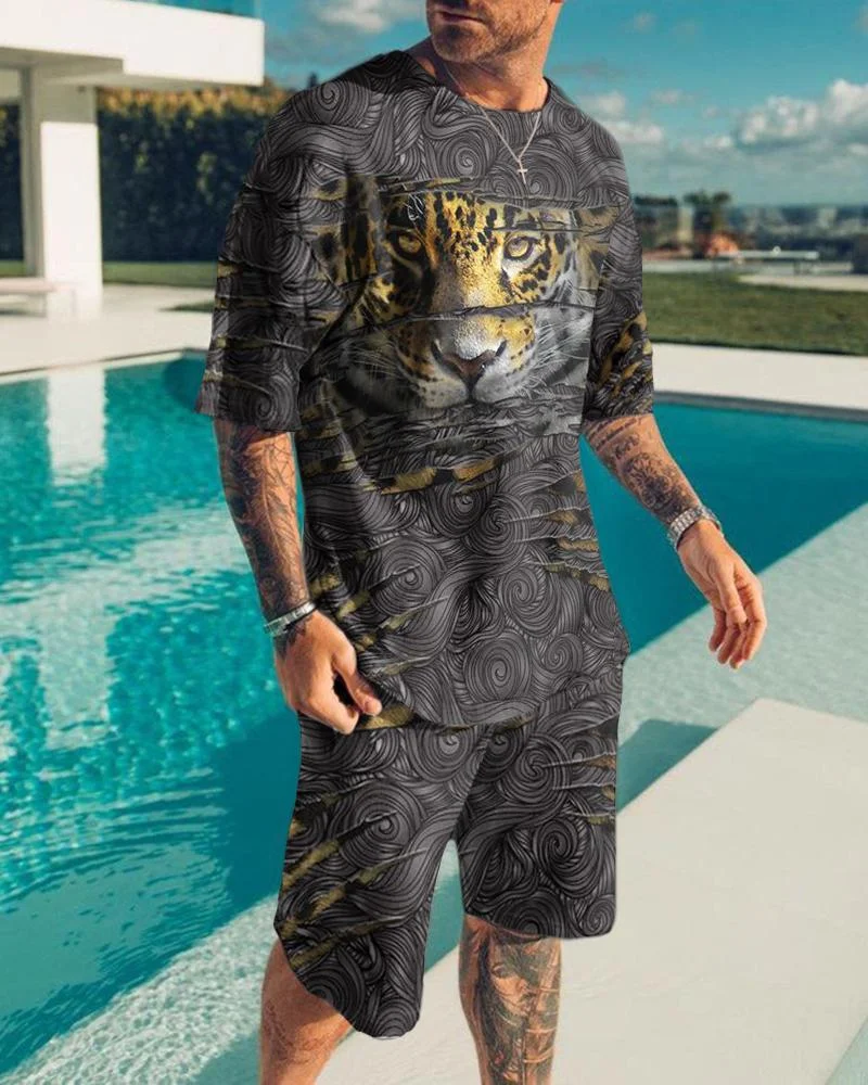 Simple Men's Suit Animal Print Short Sleeve Shorts