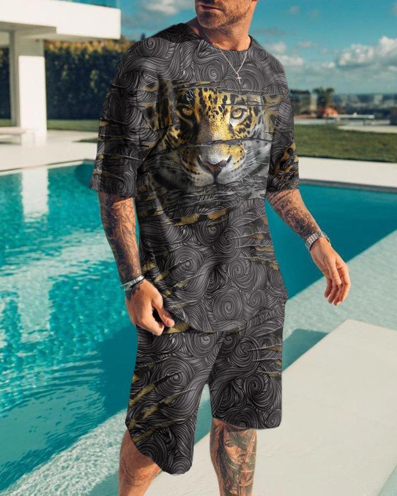 Simple Men's Suit Animal Print Short Sleeve Shorts
