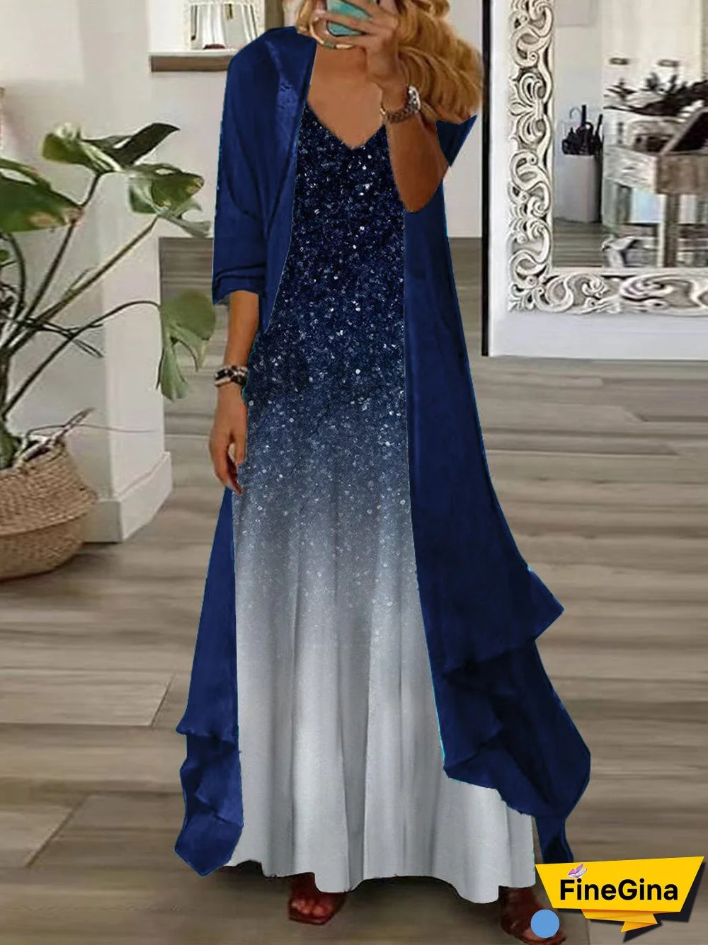 Women's Long Sleeve V-neck Graphic Printed Two Pieces Maxi Dress