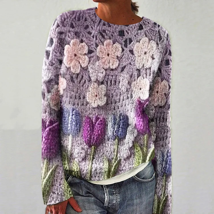 Floral Art Print Knitted Pullover Sweater