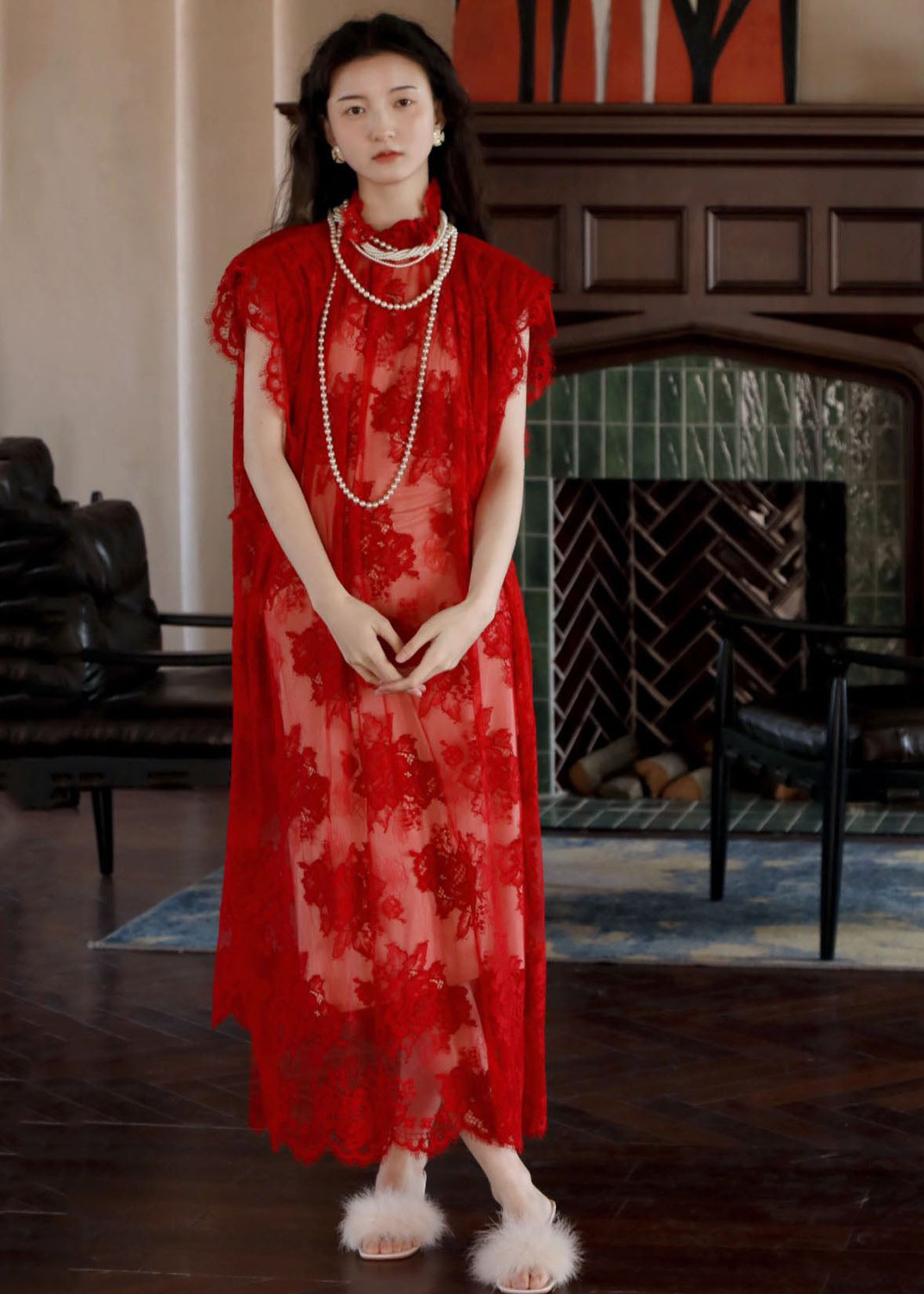 VCSHOES Red Stand Collar Hollow Out Lace Maxi Dresses Short Sleeve