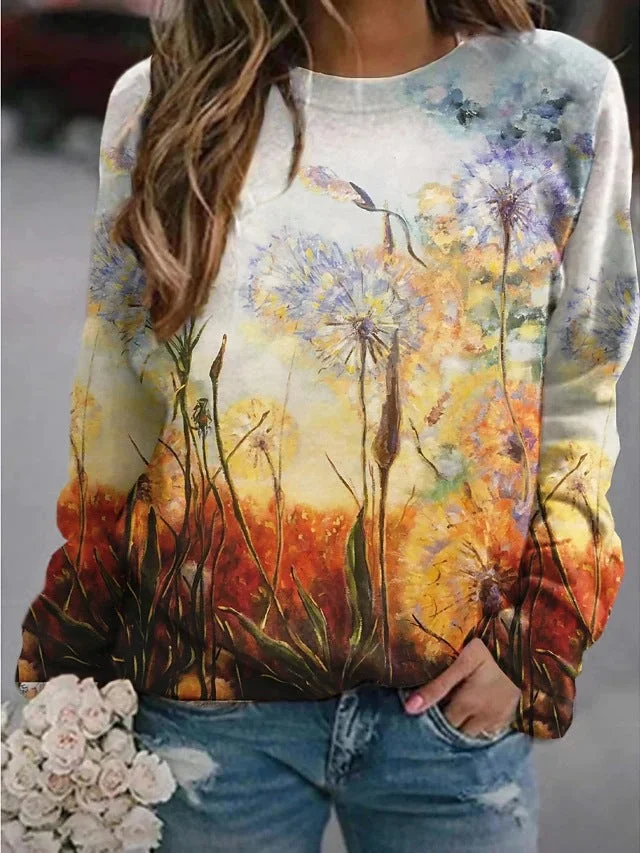 Uveng Landscape Flower Floral Print Long Sleeve Sweaters