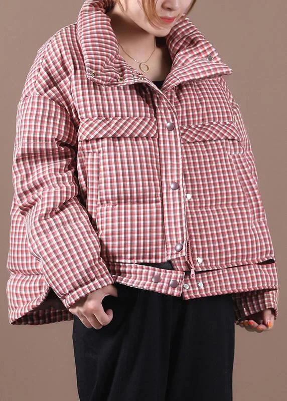 Casual plus size snow jackets red plaid stand collar down jacket woman