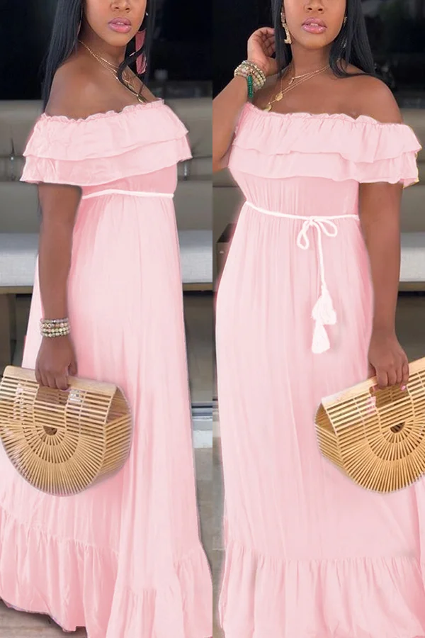 Pink Sexy Fashion Off The Shoulder Short Sleeves One word collar Step Skirt Floor-Length Solid | EGEMISS