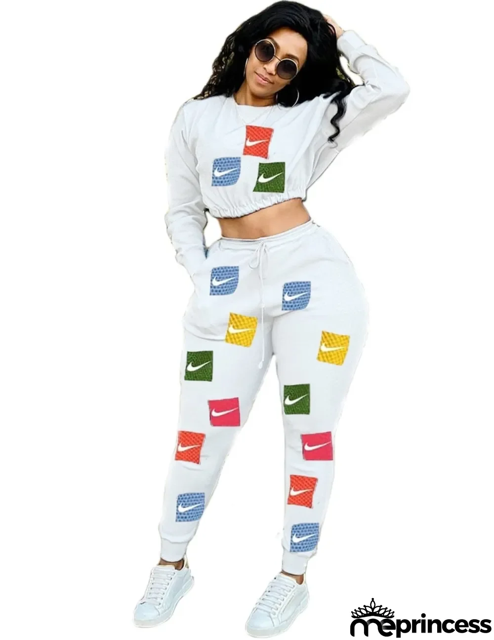 Autumn Print Long Sleeve Crop Top and Track Pants Set