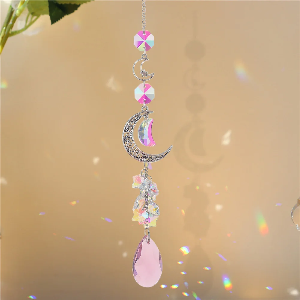 Crystal Diamond Wind Chimes Metal Hexagon Star Moon Hanging Ornaments Decor