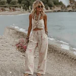 Women's Roses Print Pocket Linen Blend Pants - Image 2