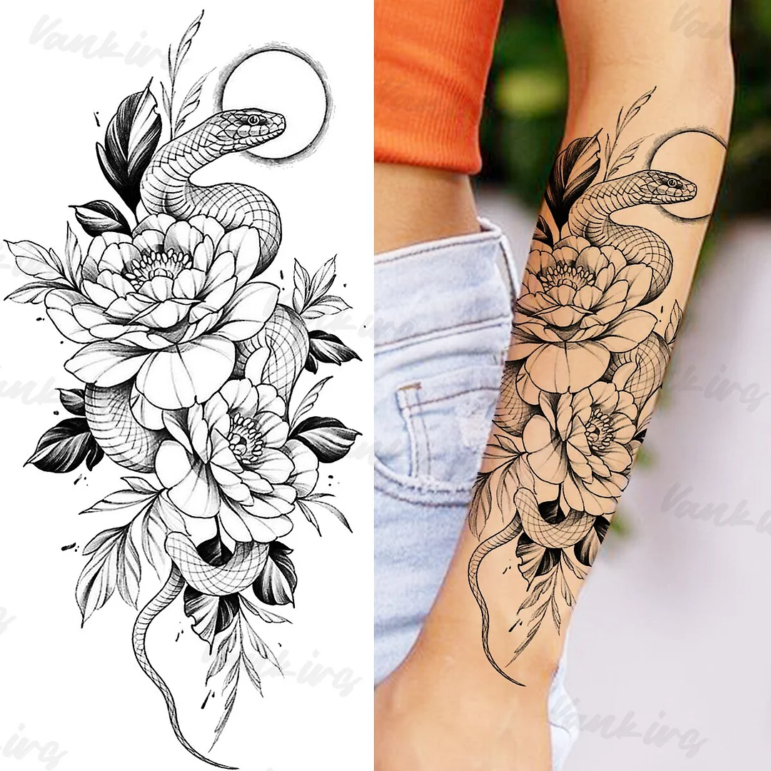 Sdrawing Peony Butterfly Temporary Butterfly Tattoos For Women Girls Realistic Snake Sun Fake Tattoo Sticker Leg Body Tatoos
