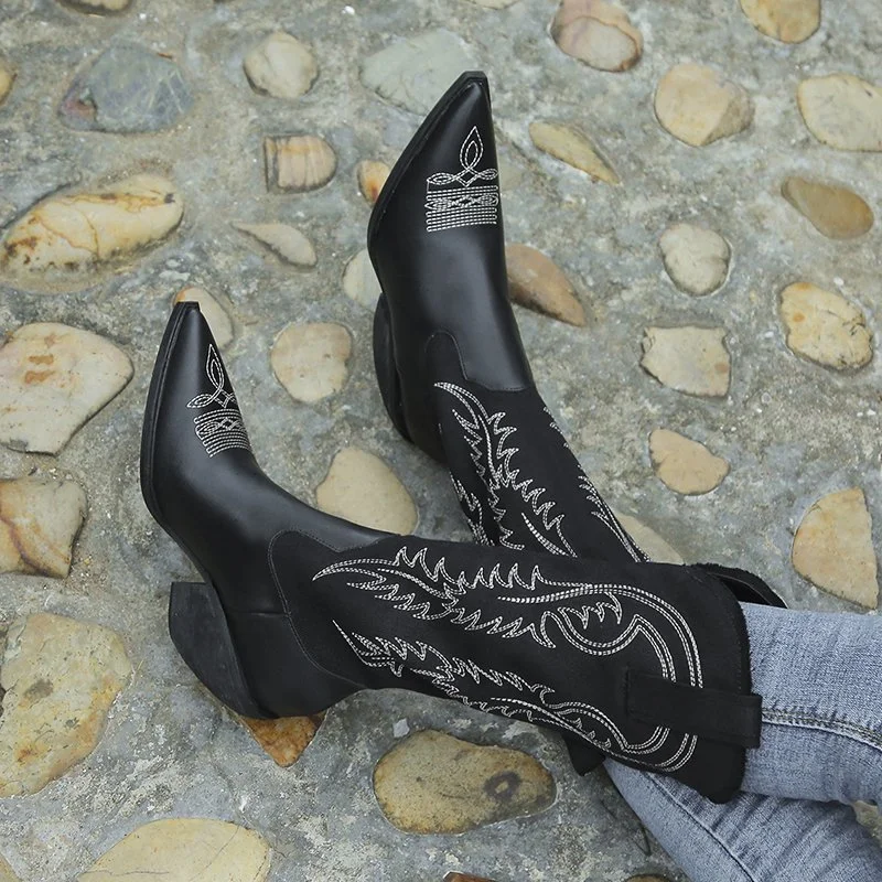 Wongn Wongn 2023 Plus Size Autumn / Winter Leather Boots Pointed Embroidered High Boots And Chelsea Boots