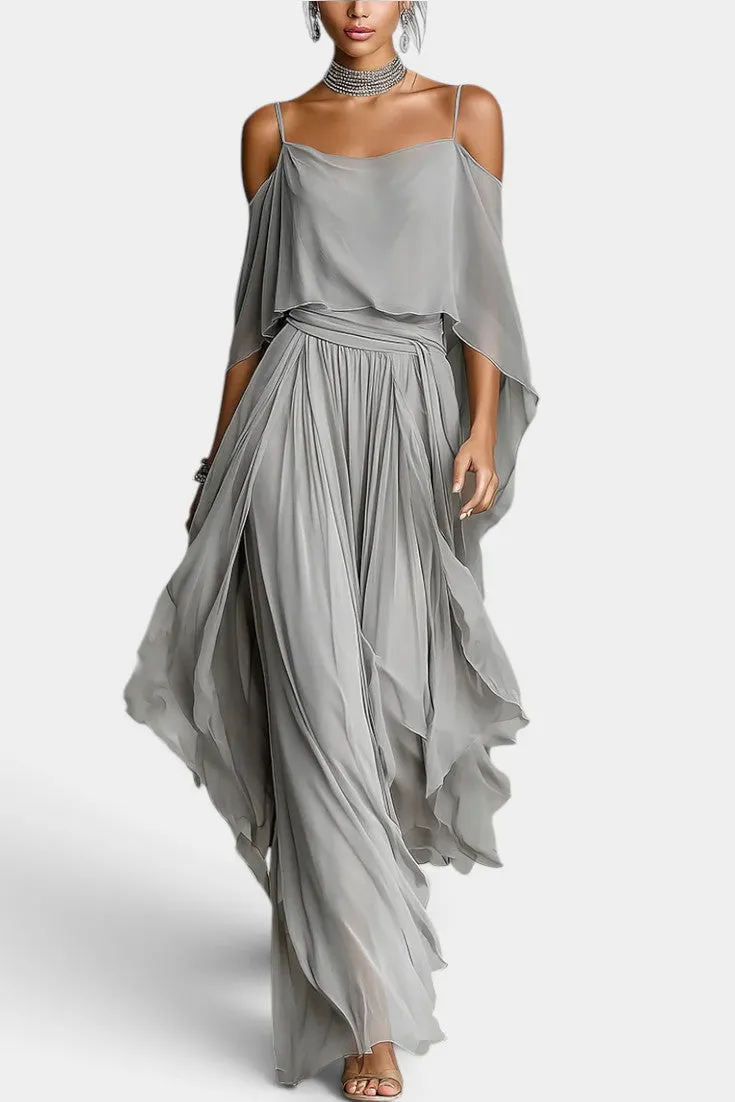 Off-Shoulder Chiffon Top with Draped Wide-Leg Pants