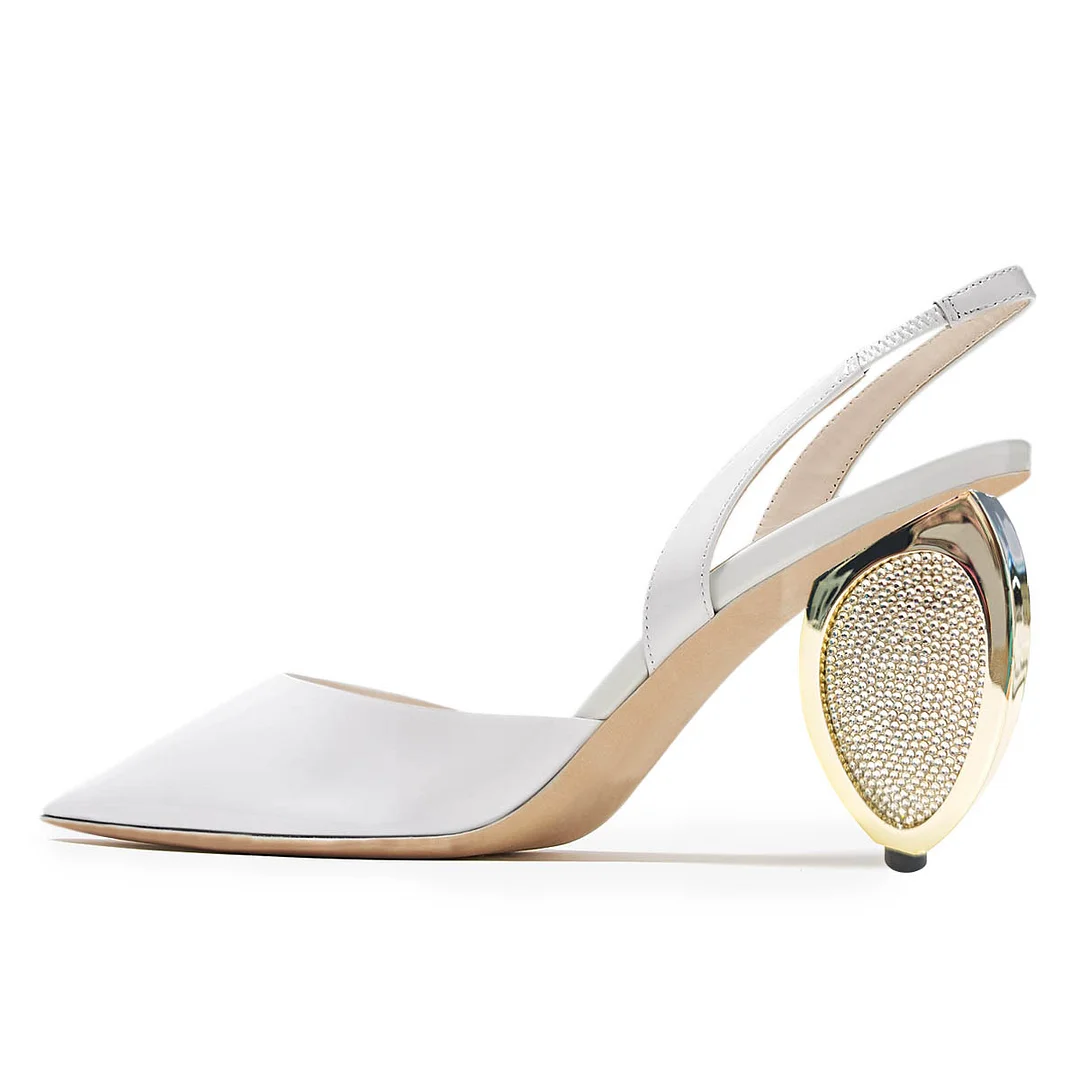 Patent Leather Sculptural Heel Slingback White Pumps with Rhinestones