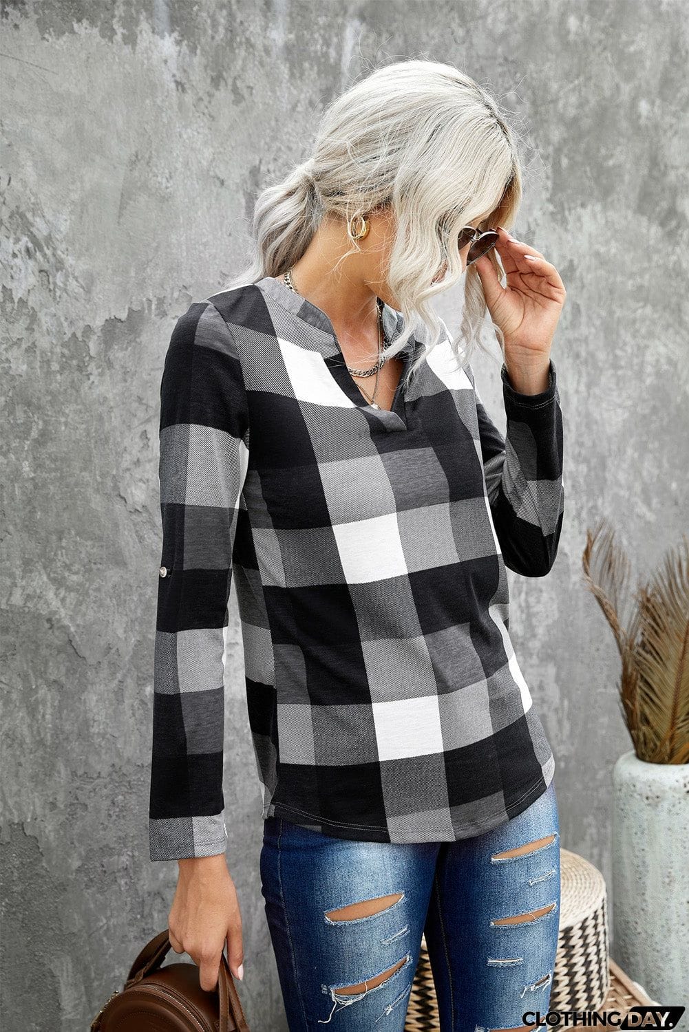 Contrast Plaid V Neck Long Sleeve Top