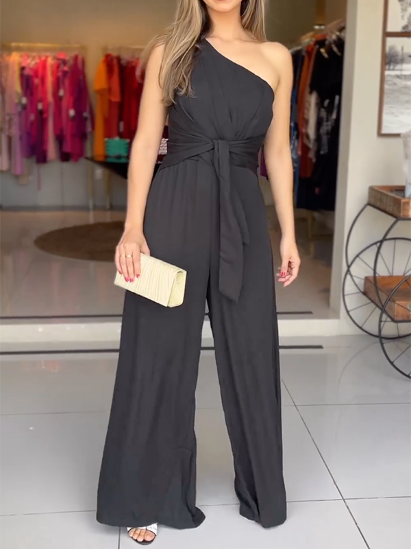 Asymmetric Bandage Solid Color Loose Sleeveless One-Shoulder Jumpsuits