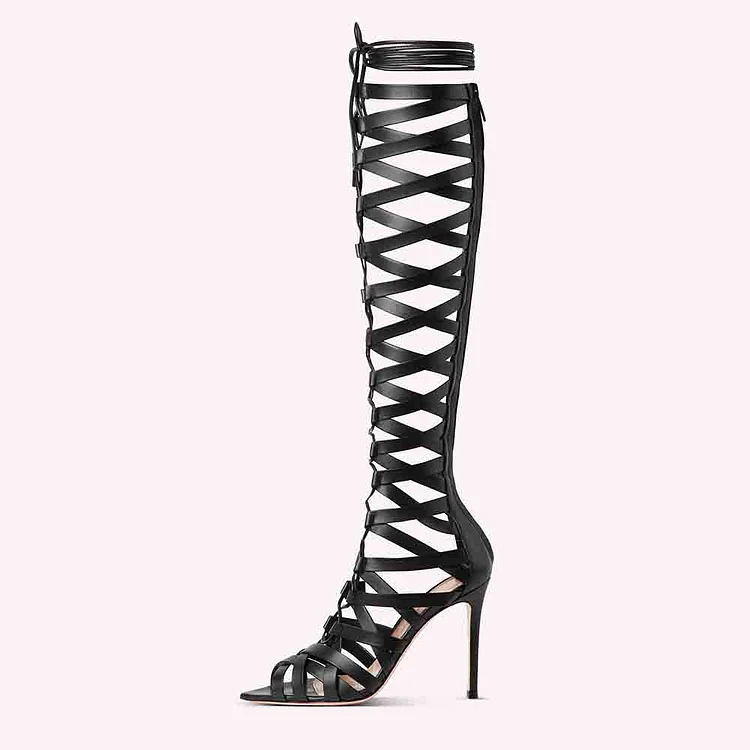 Sexy Lace Up Stiletto Heels Knee High Gladiator Sandals in Black |FSJ Shoes