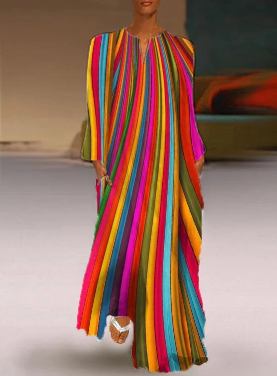 Retro V-neck Rainbow Striped Long Dress
