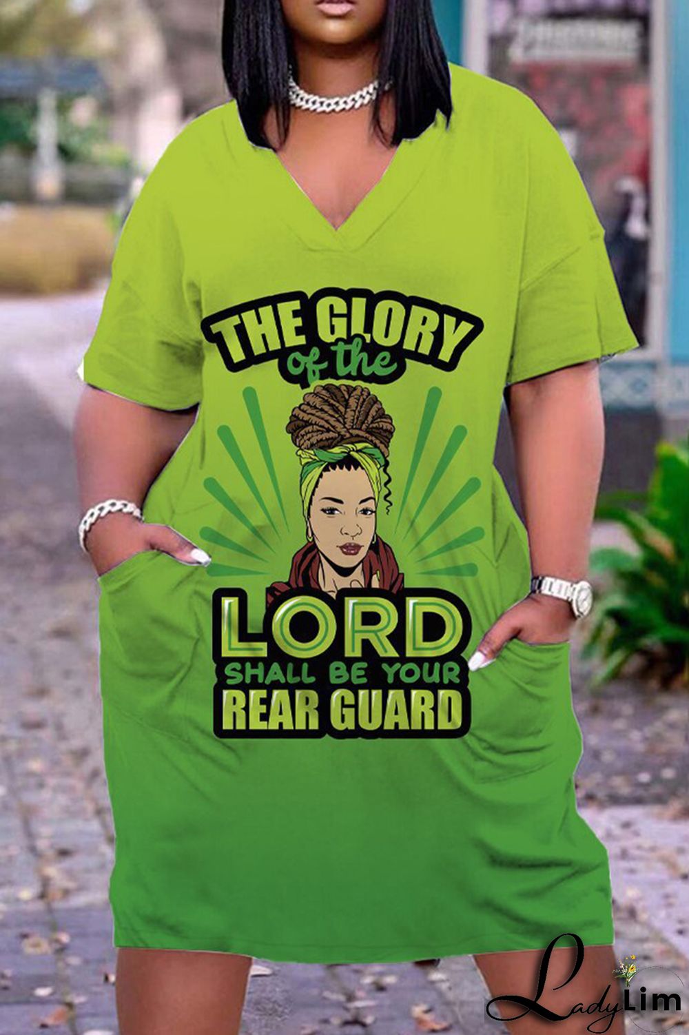 Orange Green Fashion Casual Print Basic V Neck Short Sleeve Dress