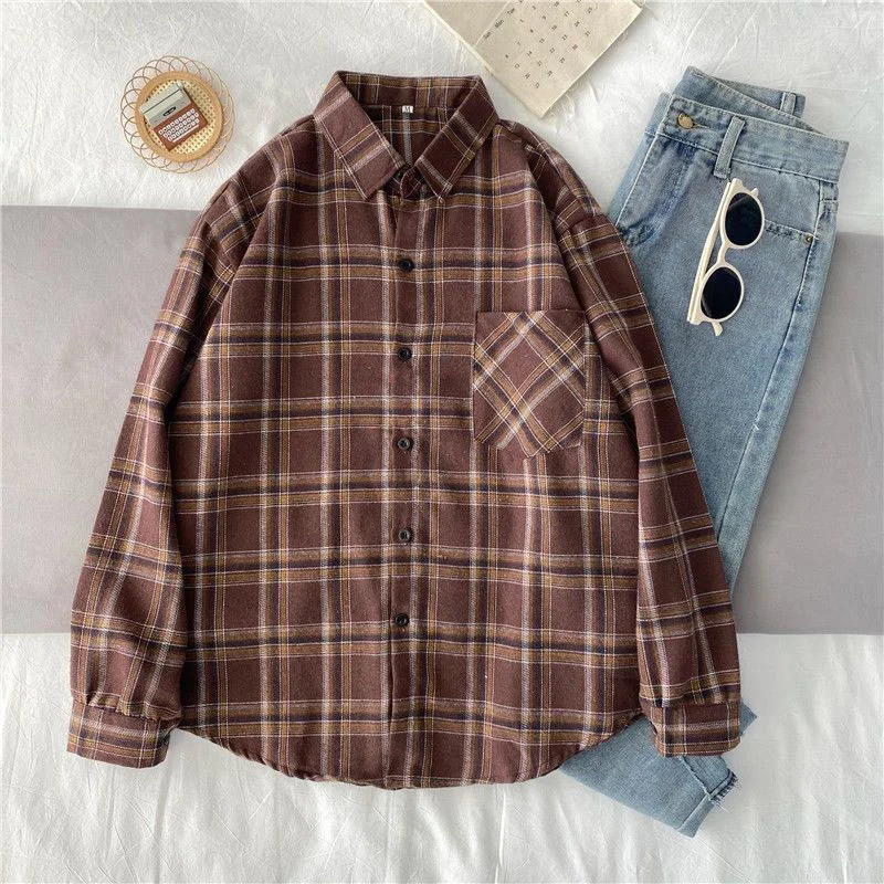 Applyw Autumn New Plaid Shirt Women Korean Style Loose Long Sleeves Buttons Up Blouse Ladies Retro Simple Casual Outwear Tops