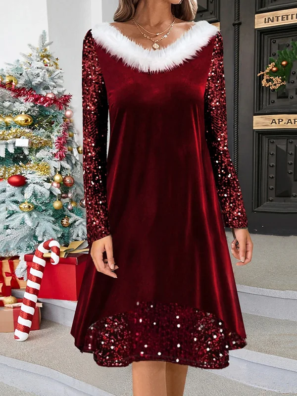 Fur Collar Temperament Sequins Christmas Dress
