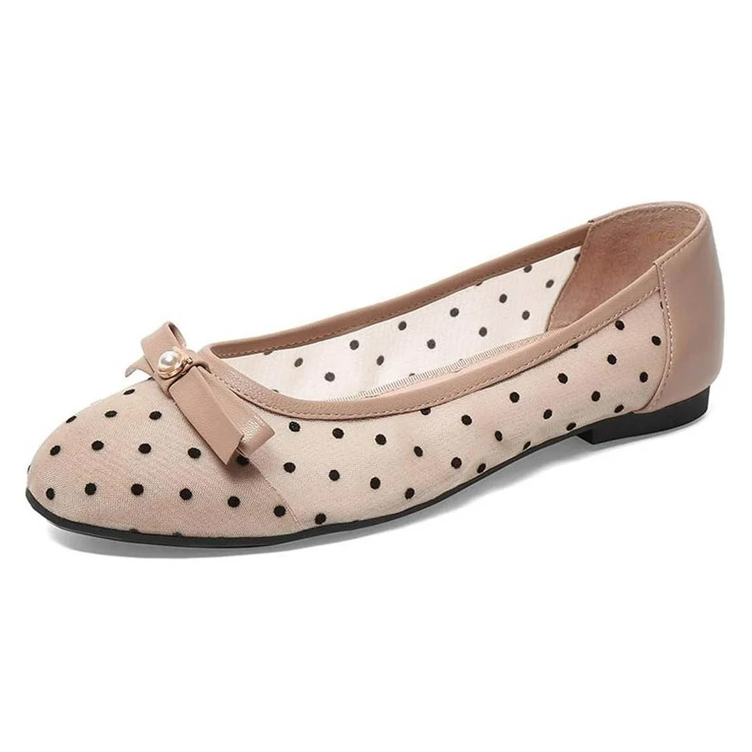 Mesh Round Toe Polka Dot Pearl Bow Flat Shoes for Women in Nude