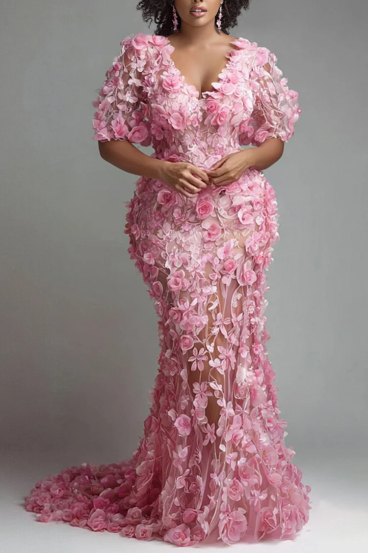 Xpluswear Design Plus Size Formal Pink V Neck Short Sleeve 3D Elegant Mermaid Maxi Dresses [Pre-Order]