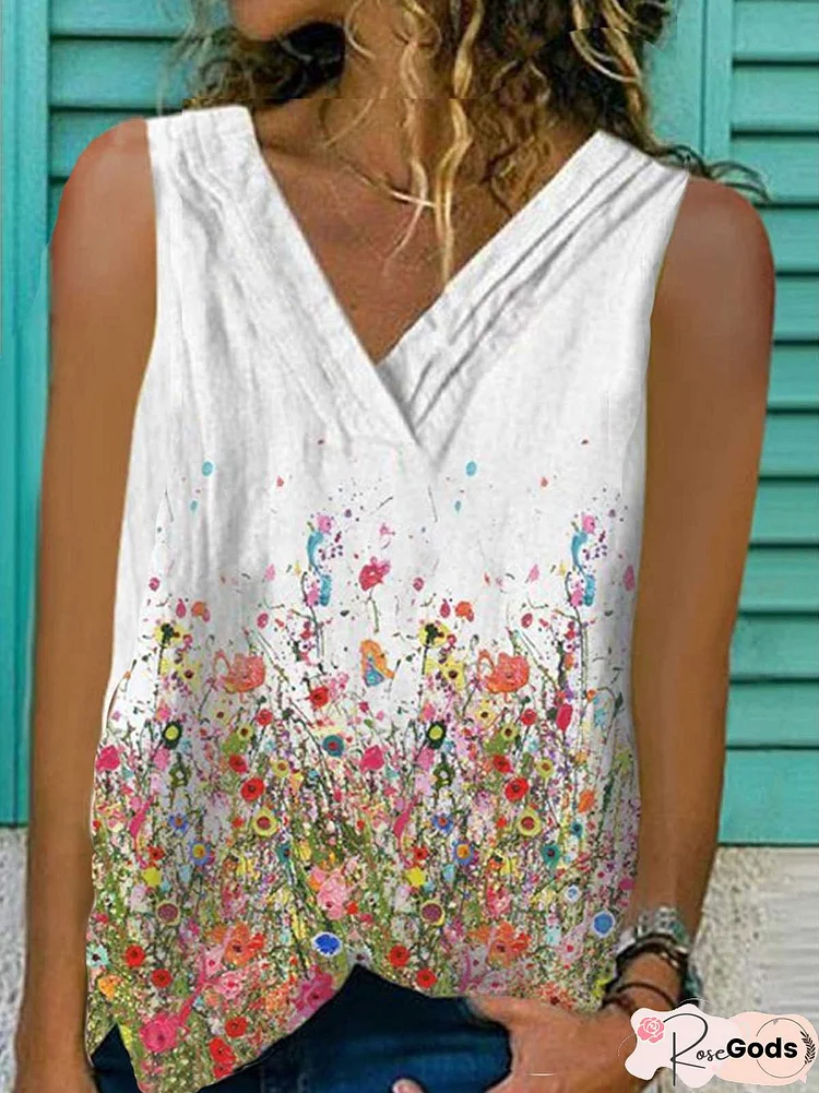 White Casual Floral-Print Floral V Neck Tops