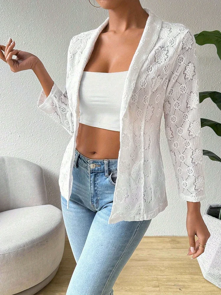 Women's Elegant Lace-Trimmed Short Sleeve Blazer - Lightweight Open Front Spring Jacket, Solid Color Loose Fit Casual Office & Social Coat For Spring/Summer, Lace Blazer