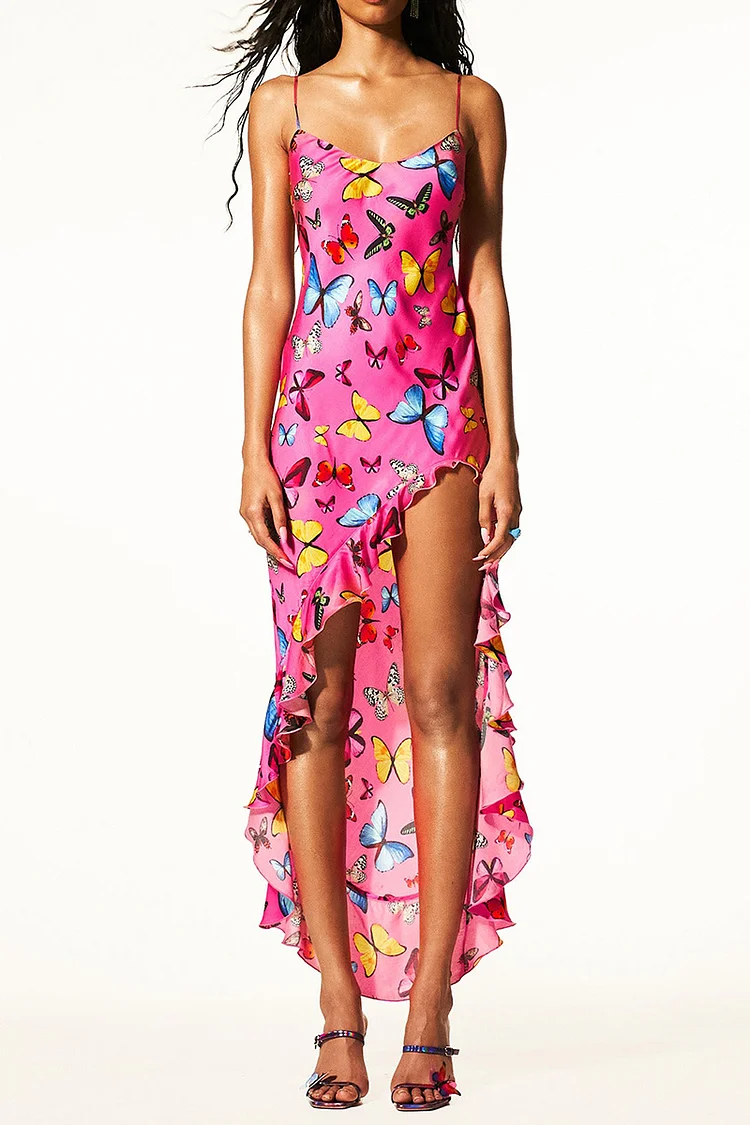Round Neck Irregular Ruffle Hem High Slit Butterfly Print Vacation Slip Maxi Dresses [Pre Order]