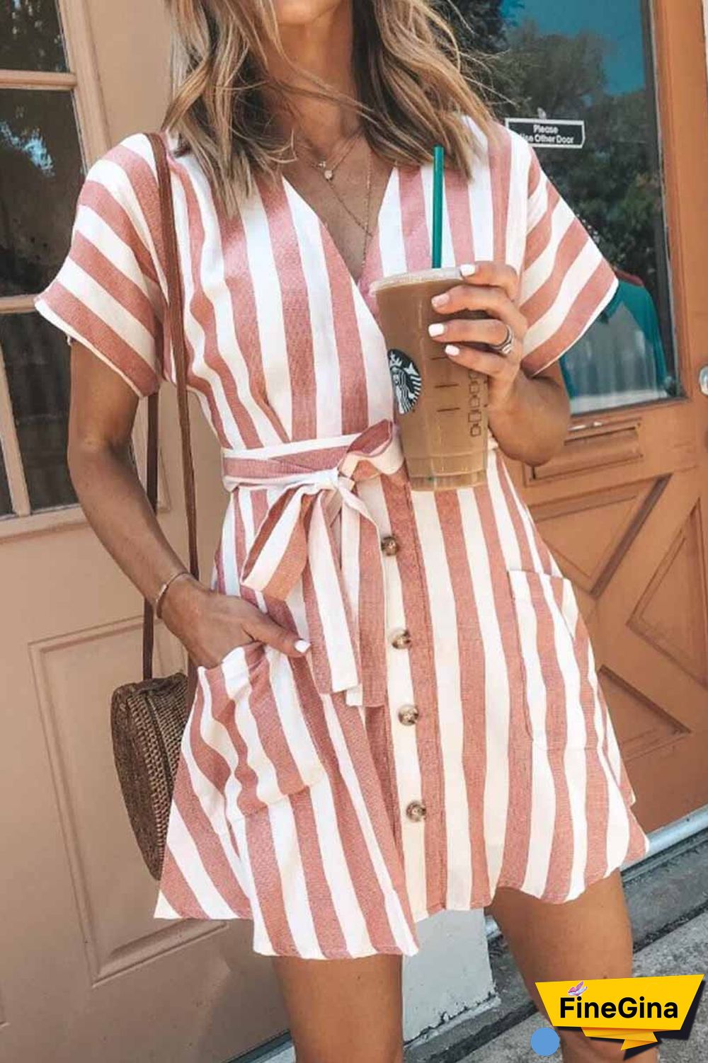 V-neck Button Striped Dress ( 2 Color)