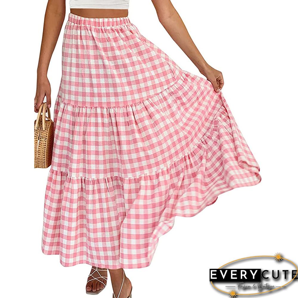 Pink Plaid Print Pocketed Maxi Skirt