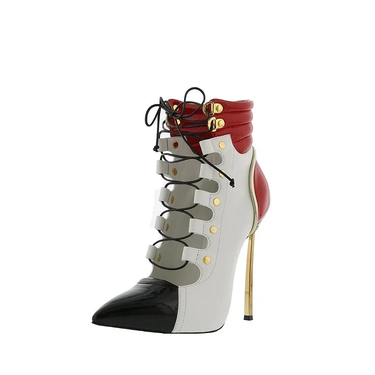 Multi Color Patent Leather Lace Up Boots Pointy Toe Ankle Boots |FSJ Shoes